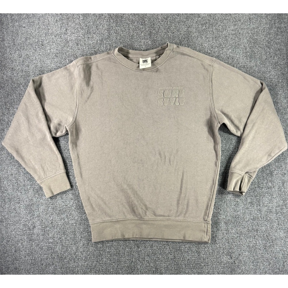Surf Style Daytona Beach Puff Print Sweatshirt Taupe Gray Size Small Est 1989